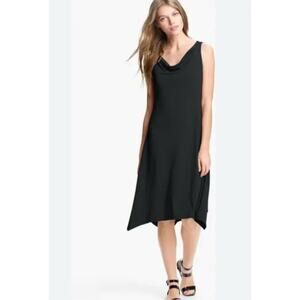 Eileen Fisher Sleeveless Jersey Swing Dress Draped Neckline Black Petite Medium